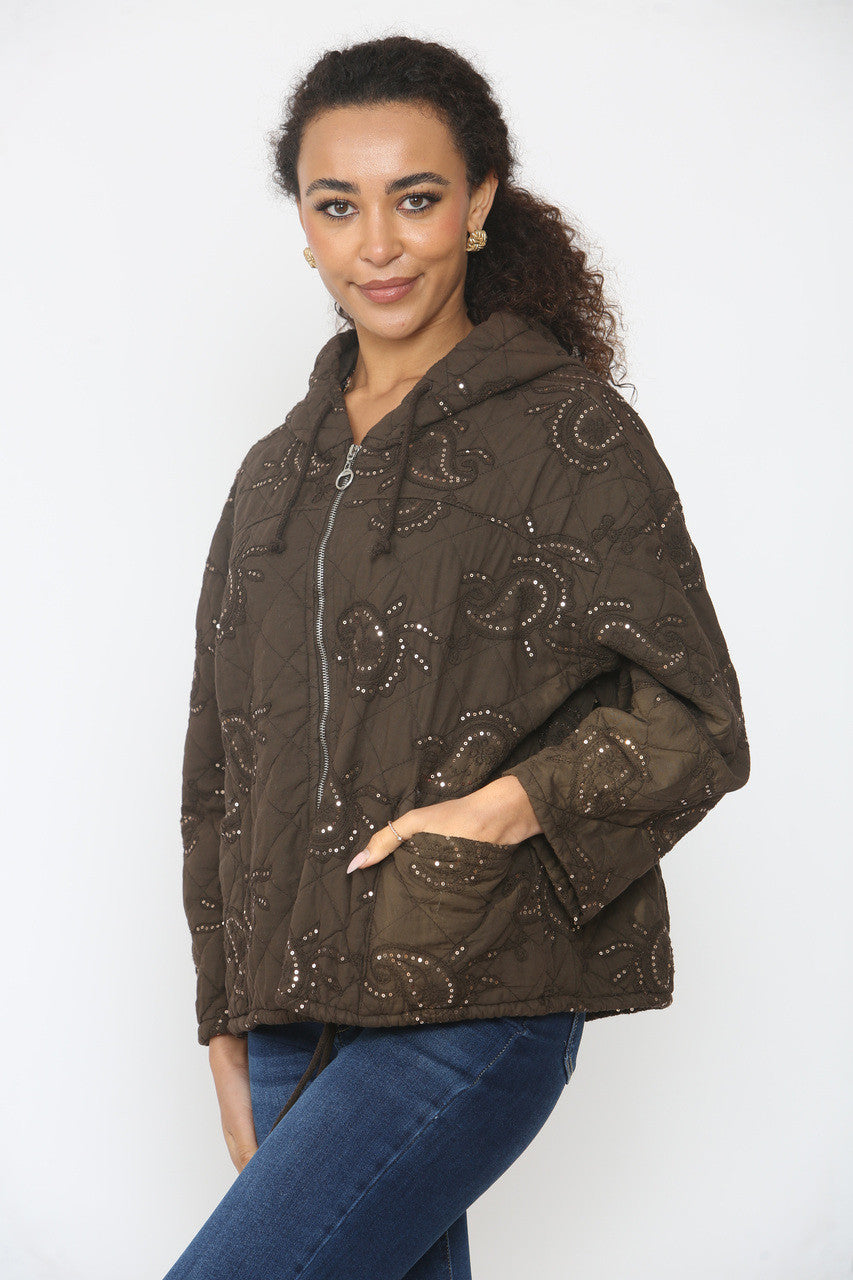 PAISLEY PRINT GEWATTEERDE JAS MET PAILLETTEN BRUIN