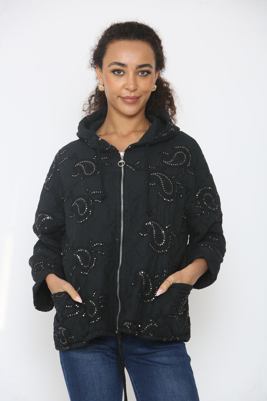 PAISLEY PRINT SEQUIN DETAIL QUILTED JACKET BLACK