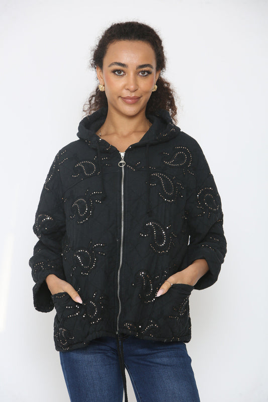 PAISLEY PRINT SEQUIN DETAIL QUILTED JACKET BLACK