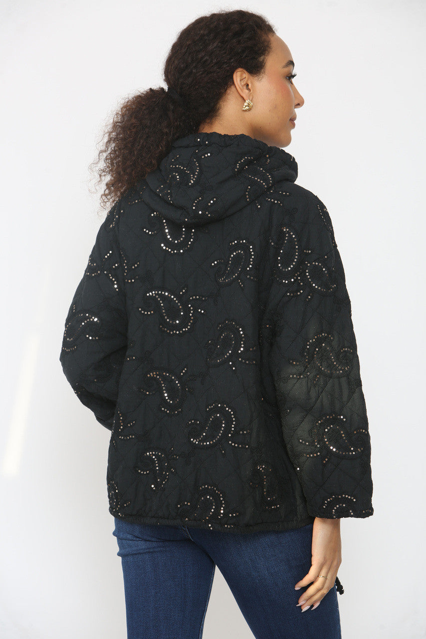 PAISLEY PRINT SEQUIN DETAIL QUILTED JACKET BLACK