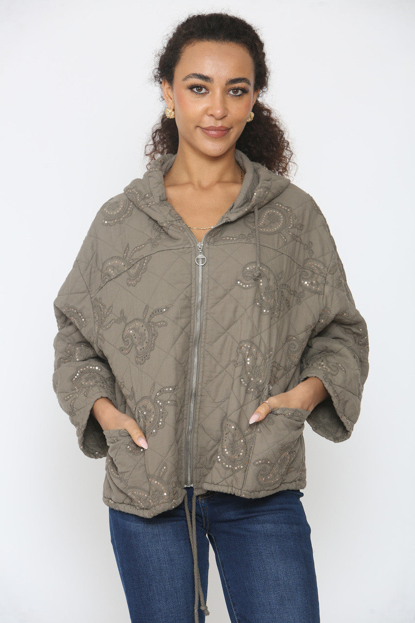 PAISLEYPRINT GEWATEERDE JAS MET PAILLETTEN TAUPE