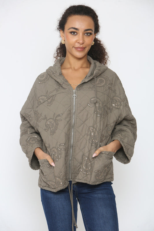 PAISLEYPRINT GEWATEERDE JAS MET PAILLETTEN TAUPE