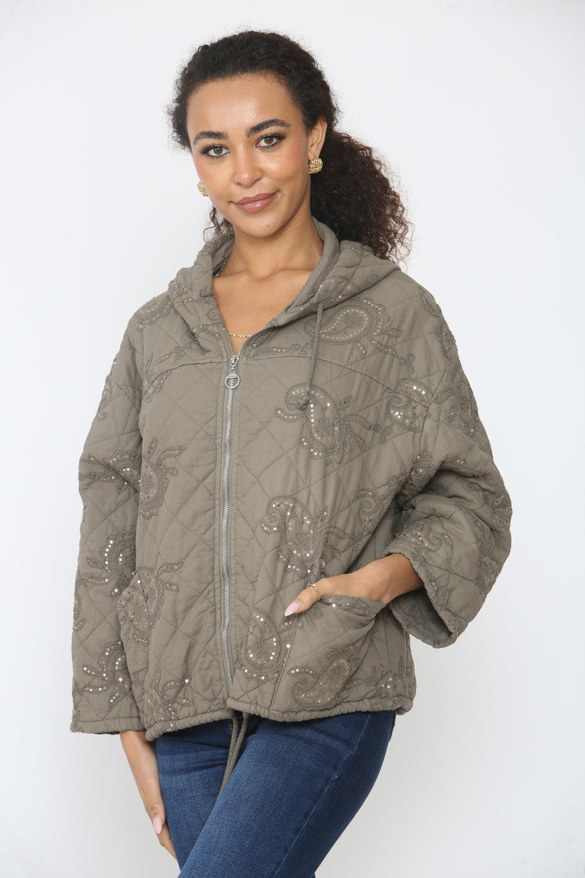 PAISLEYPRINT GEWATEERDE JAS MET PAILLETTEN TAUPE