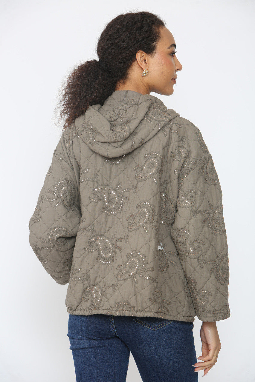 PAISLEYPRINT GEWATEERDE JAS MET PAILLETTEN TAUPE