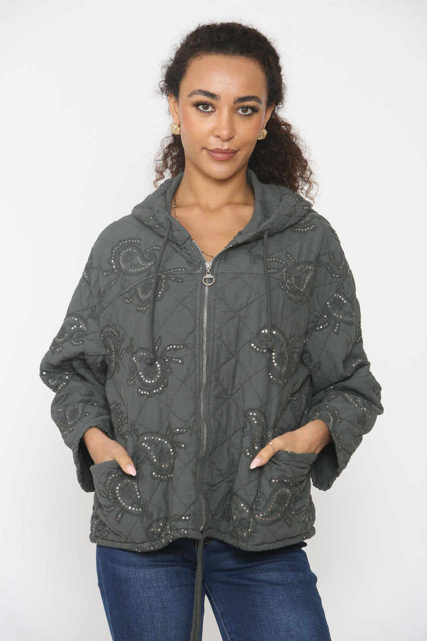 PAISLEY PRINT SEQUIN DETAIL QUILTED JACKET CHARCOAL