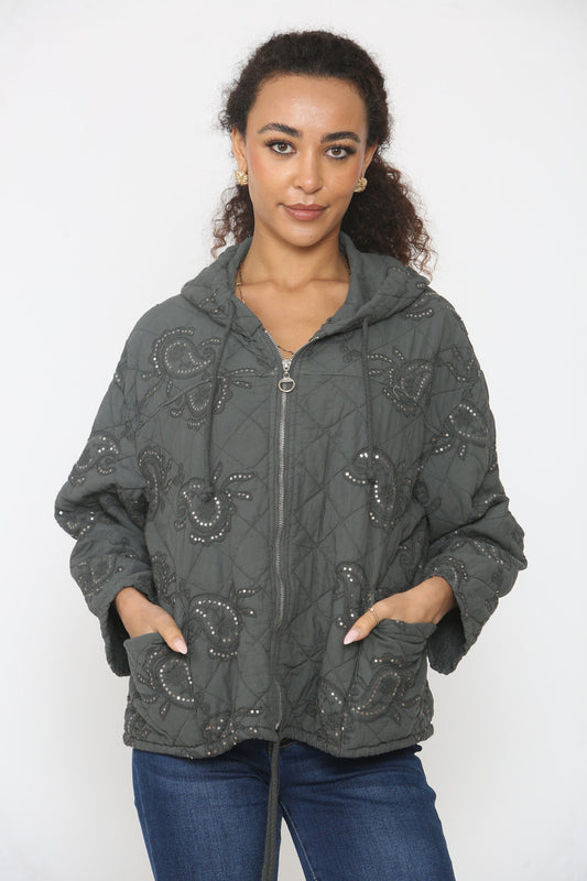 PAISLEY PRINT SEQUIN DETAIL QUILTED JACKET CHARCOAL