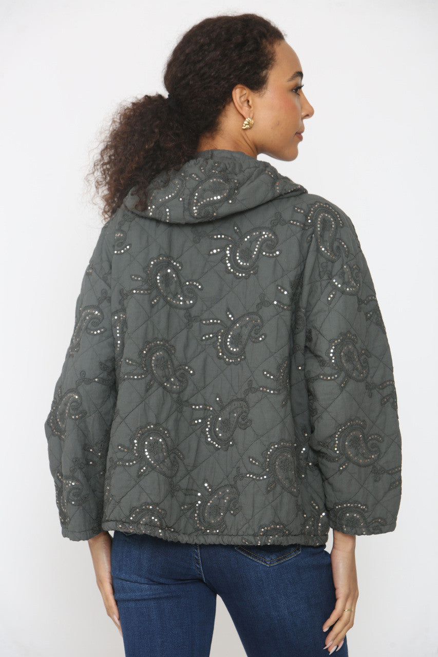 PAISLEY PRINT SEQUIN DETAIL QUILTED JACKET CHARCOAL