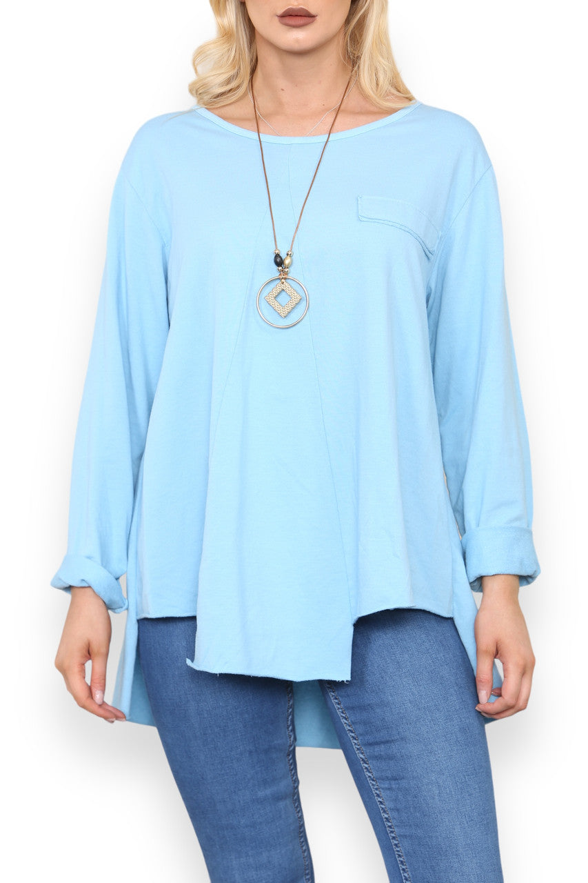 HANKY HEM COTTON SWEATSHIRT TOP LIGHT BLUE