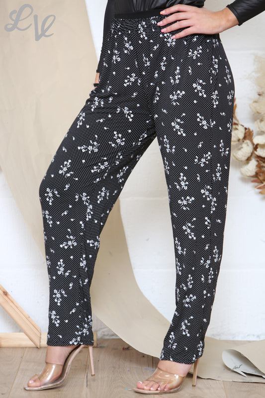 Damesbroek met Polka Dot en Bloemprint Zwart