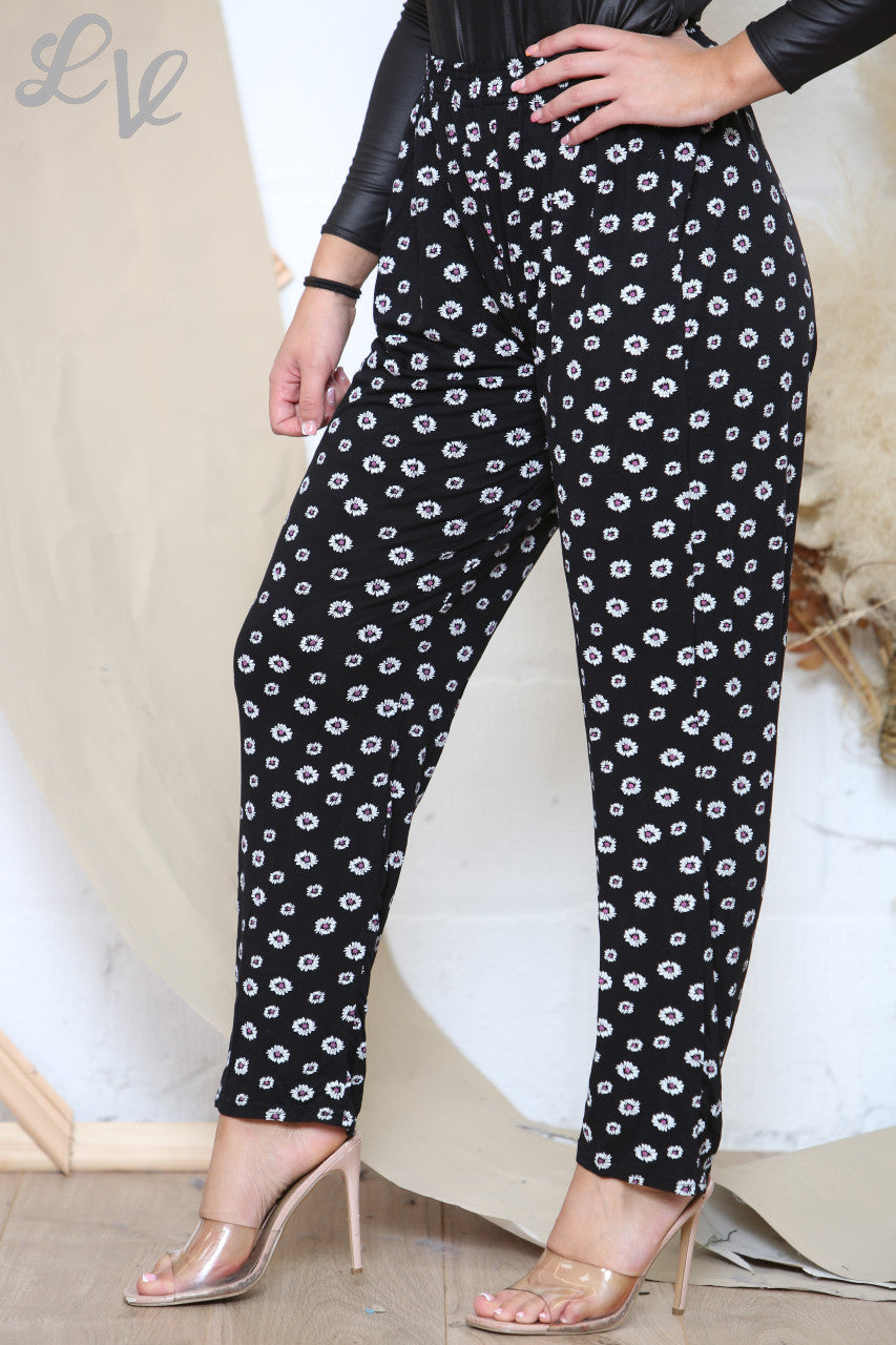 Ladies Ditsy Daisy Pink Flower Print Trousers Black