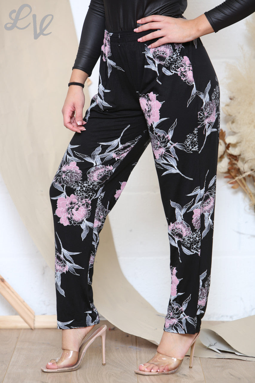 Ladies Pink Peony Print Trousers Black