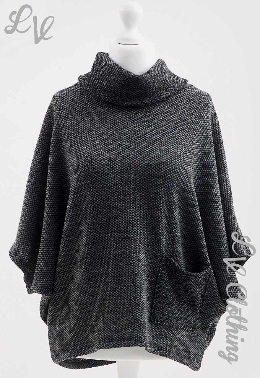 Ladies Knitted Cowl Neck Cropped Jumper Charcoal Unit Price £10.99