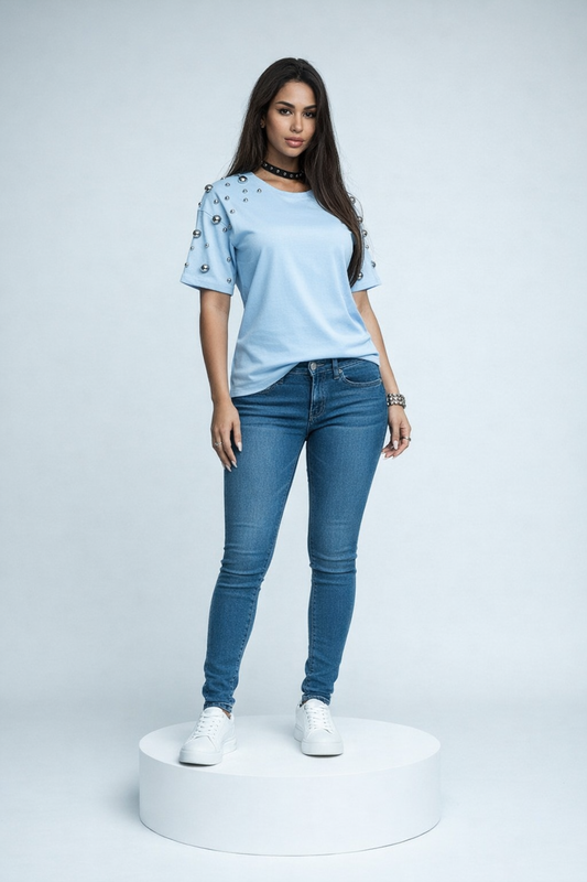 Stud Embellished Short Sleeve Crew Neck T-Shirt - Sky Blue