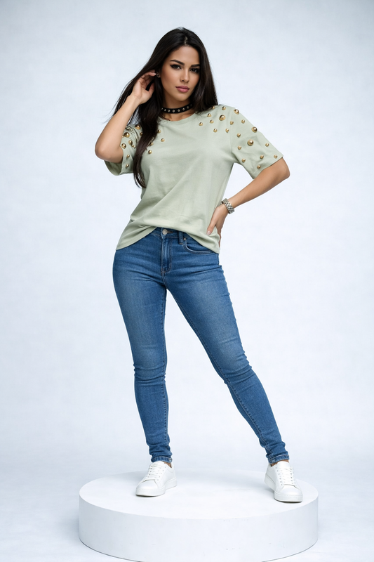 Stud Embellished Short Sleeve Crew Neck T-Shirt - Soft Khaki