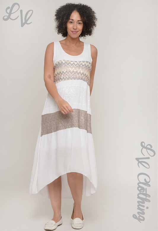 Sleeveless sequin panel maxi dress with white and grey striped chevron bodice