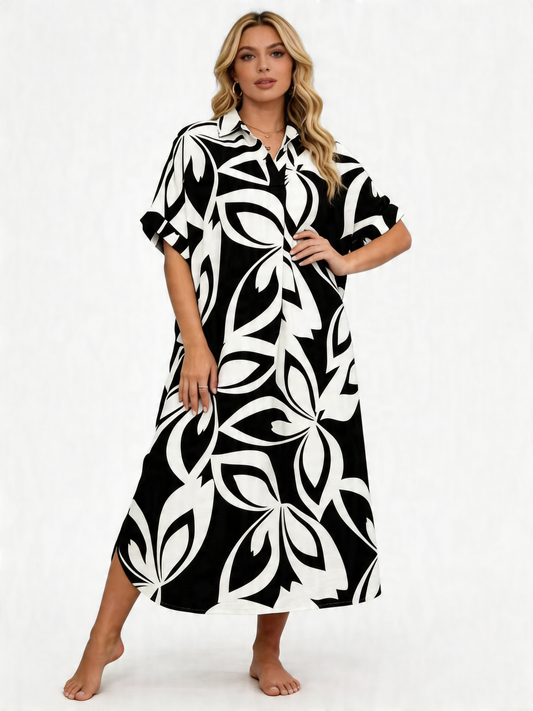 Tropical Print Oversized Shirt Maxi Dress - Black
