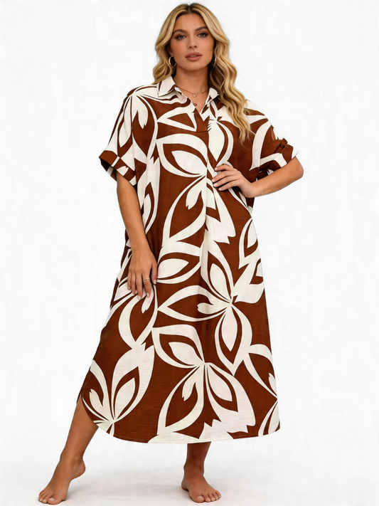 Tropical Print Oversized Shirt Maxi Dress - Brown