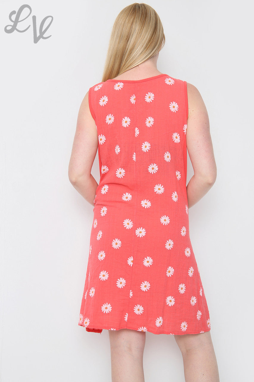 Ladies Daisy Print Sleeveless Dress Coral Unit Price £10.99
