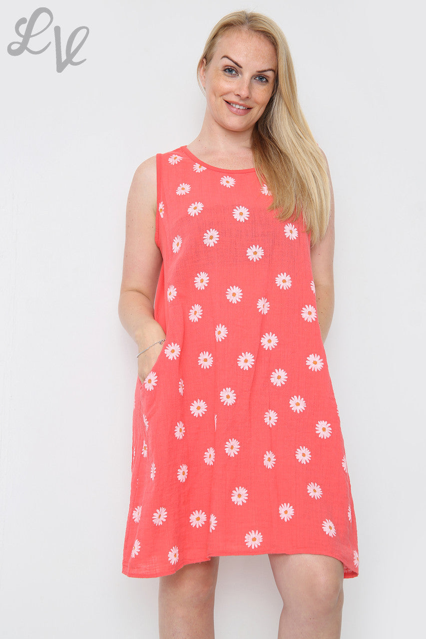 Ladies Daisy Print Sleeveless Dress Coral Unit Price £10.99