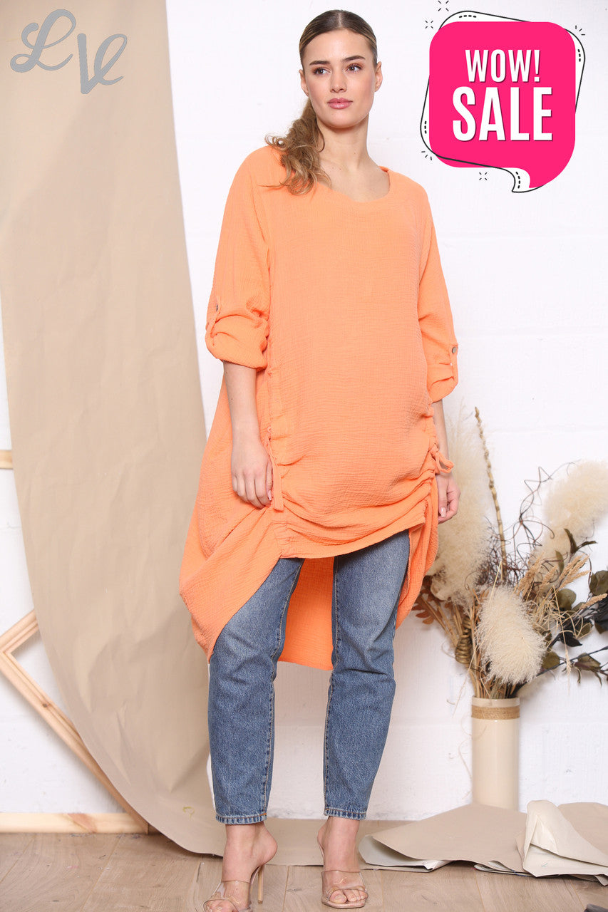 Ladies Drawstring Hem Tunic Top Dress Coral