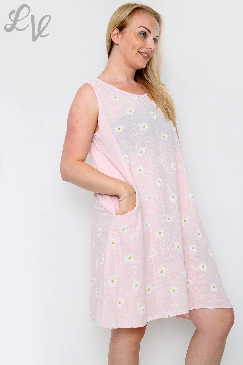 Ladies Daisy Print Sleeveless Dress Dusty Pink Unit Price £10.99
