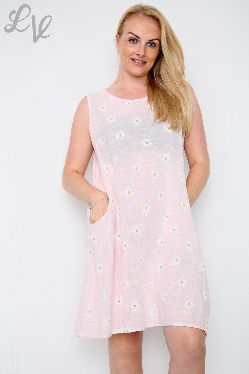 Ladies Daisy Print Sleeveless Dress Dusty Pink Unit Price £10.99