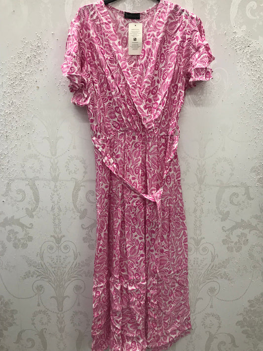 Pink Leaf Print Wrap Midi Dress