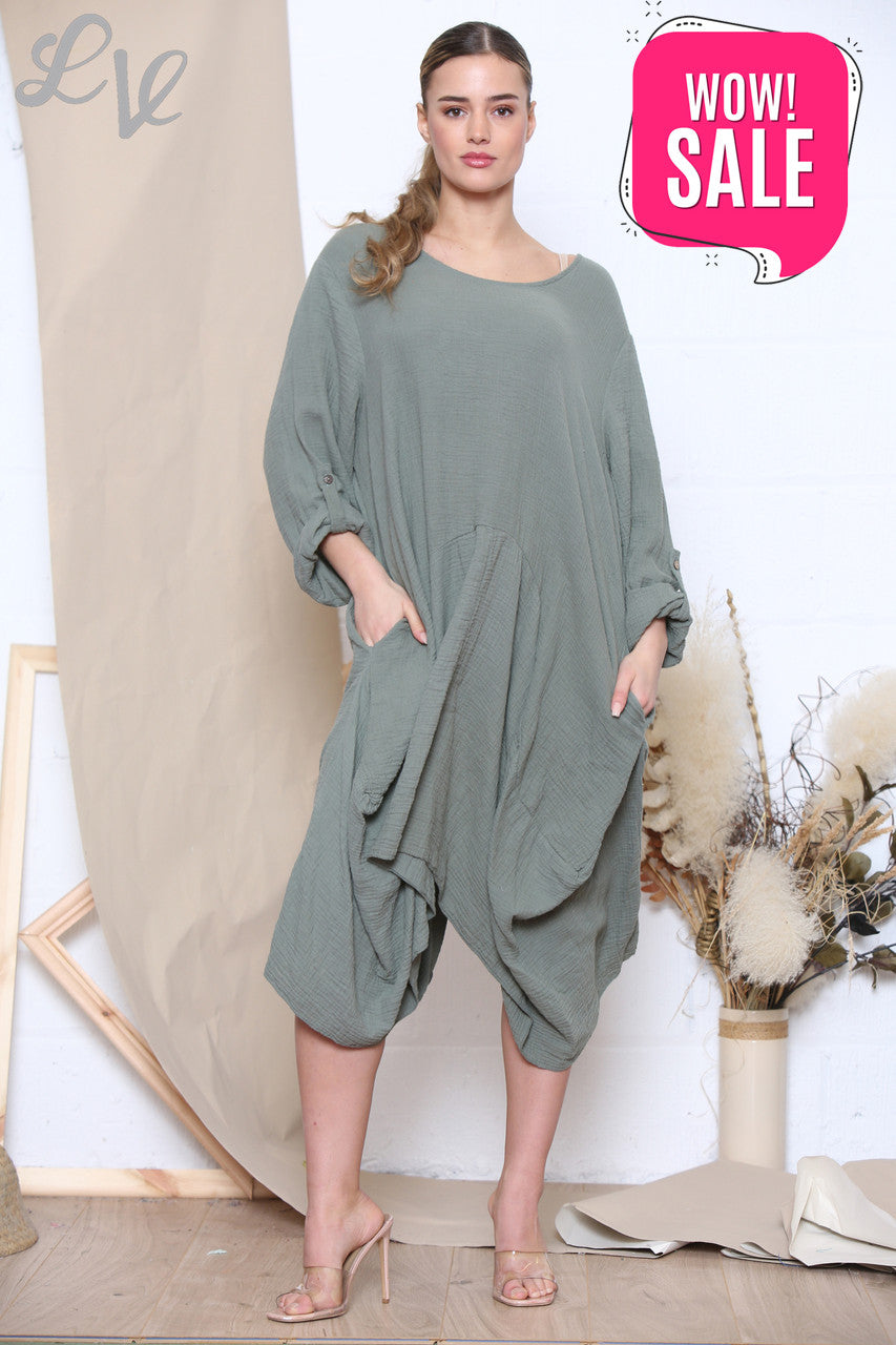 Ladies Relaxed Draped Dress Tunic Top Khaki