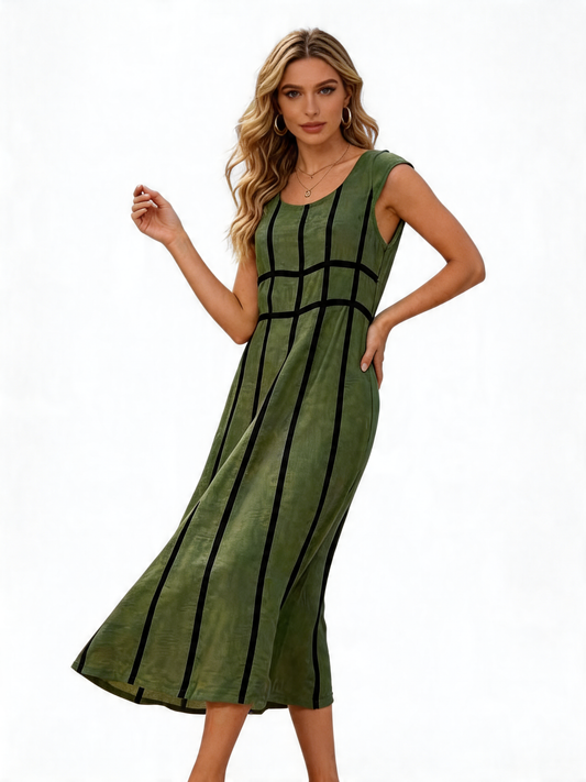 Stripe Sleeveless Midi Dress | A-Line Fit & Flare - Khaki