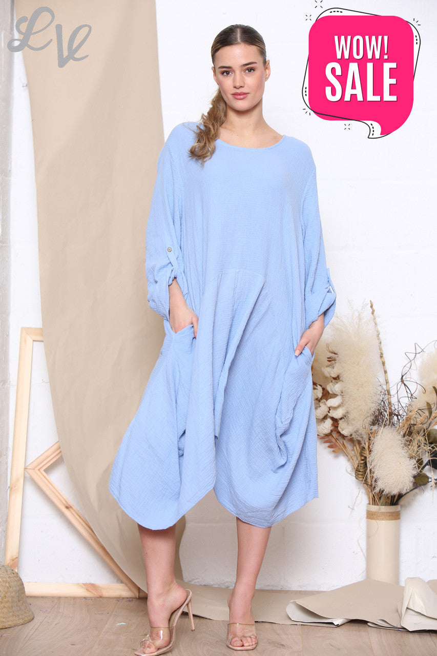 Ladies Relaxed Draped Dress Tunic Top Light Blue