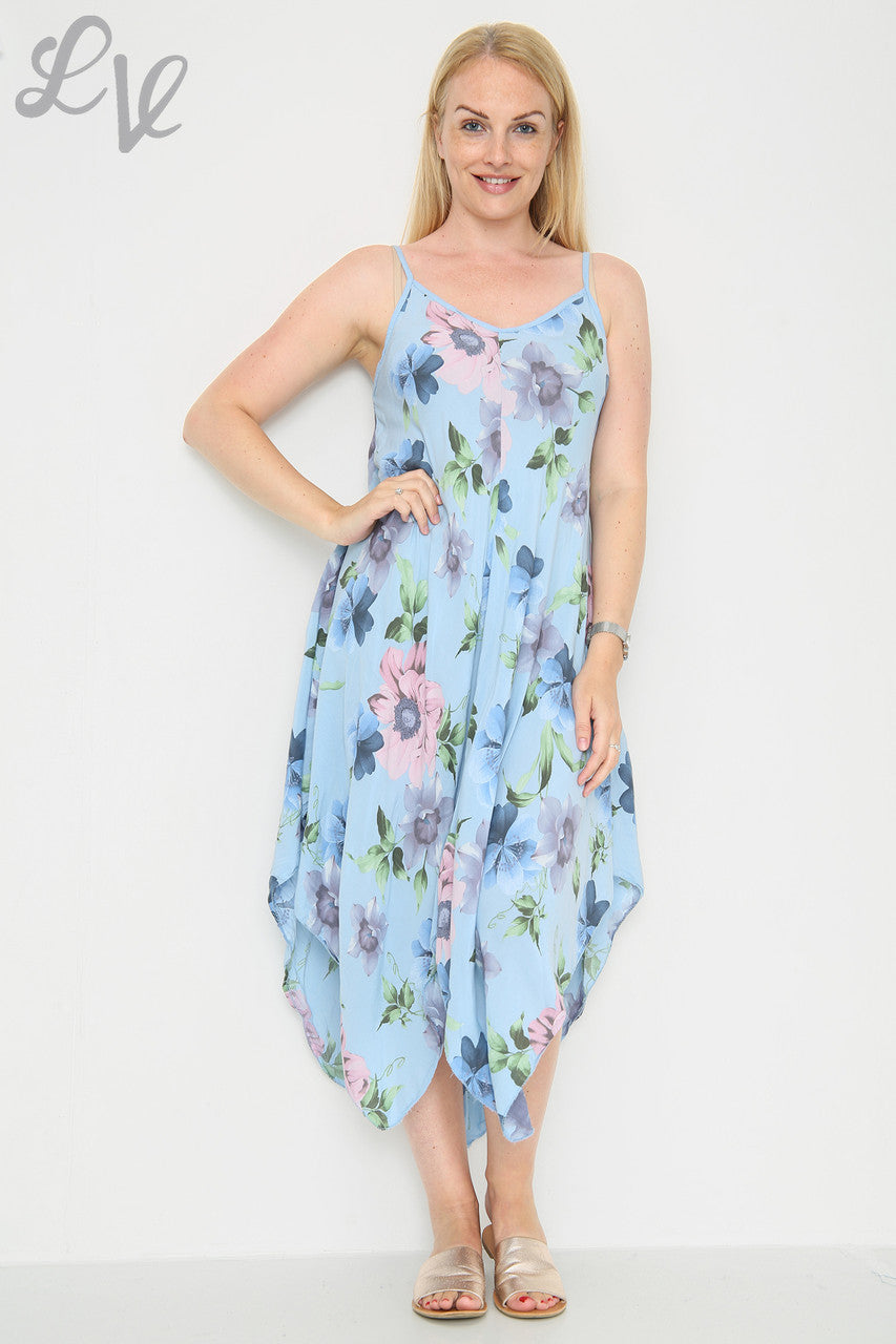 Dames bloemenprint strappy jurk lichtblauw per stuk £8.99