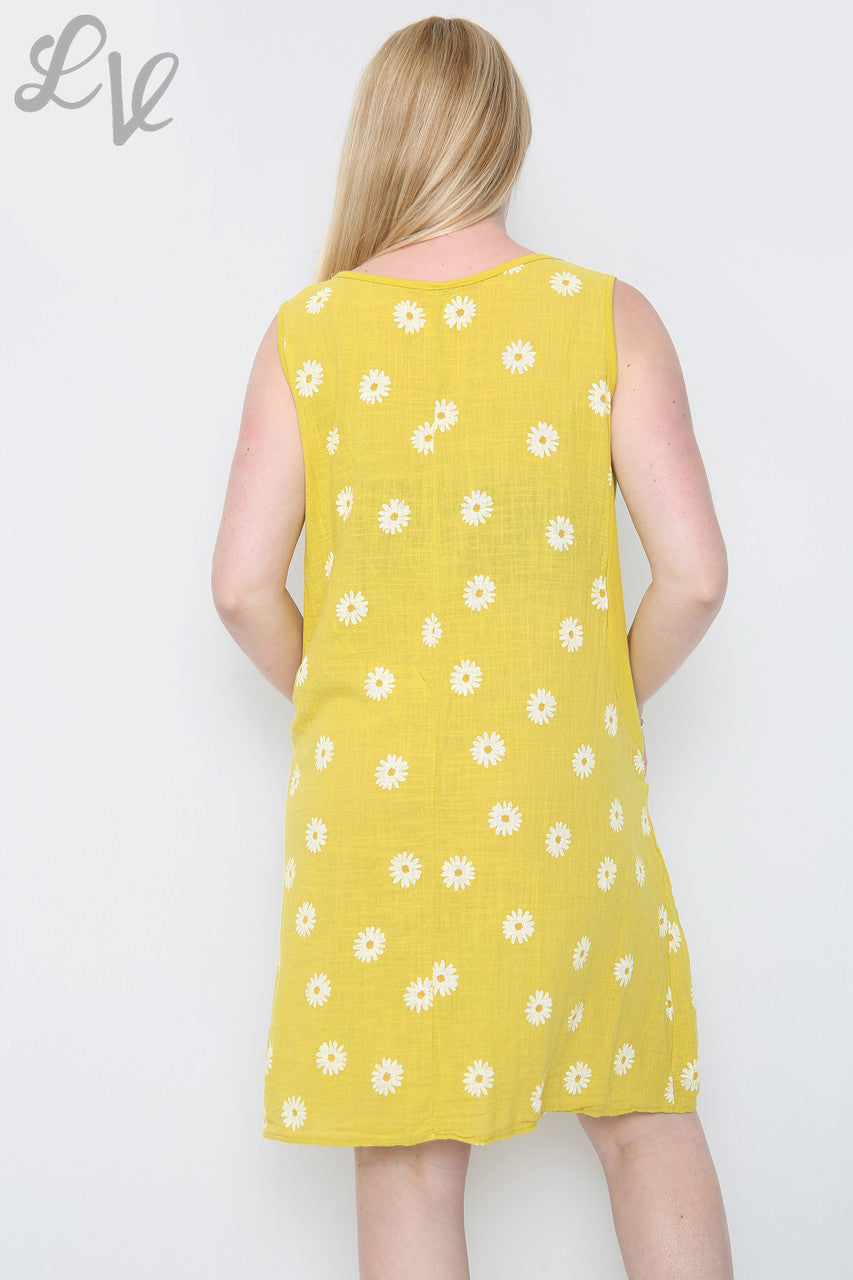 Dames mouwloze jurk met madeliefjesprint mosterd Eenheidsprijs €10,99