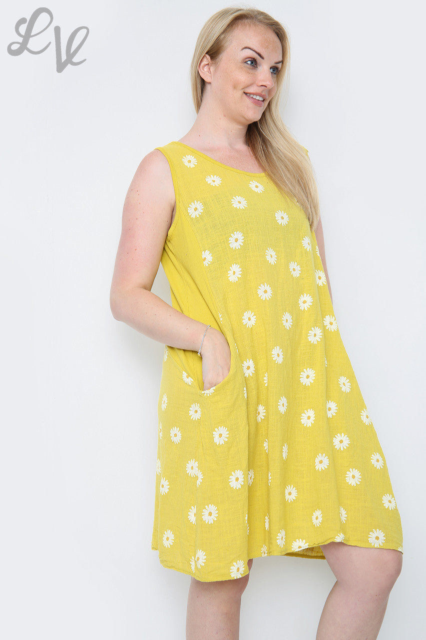 Dames mouwloze jurk met madeliefjesprint mosterd Eenheidsprijs €10,99