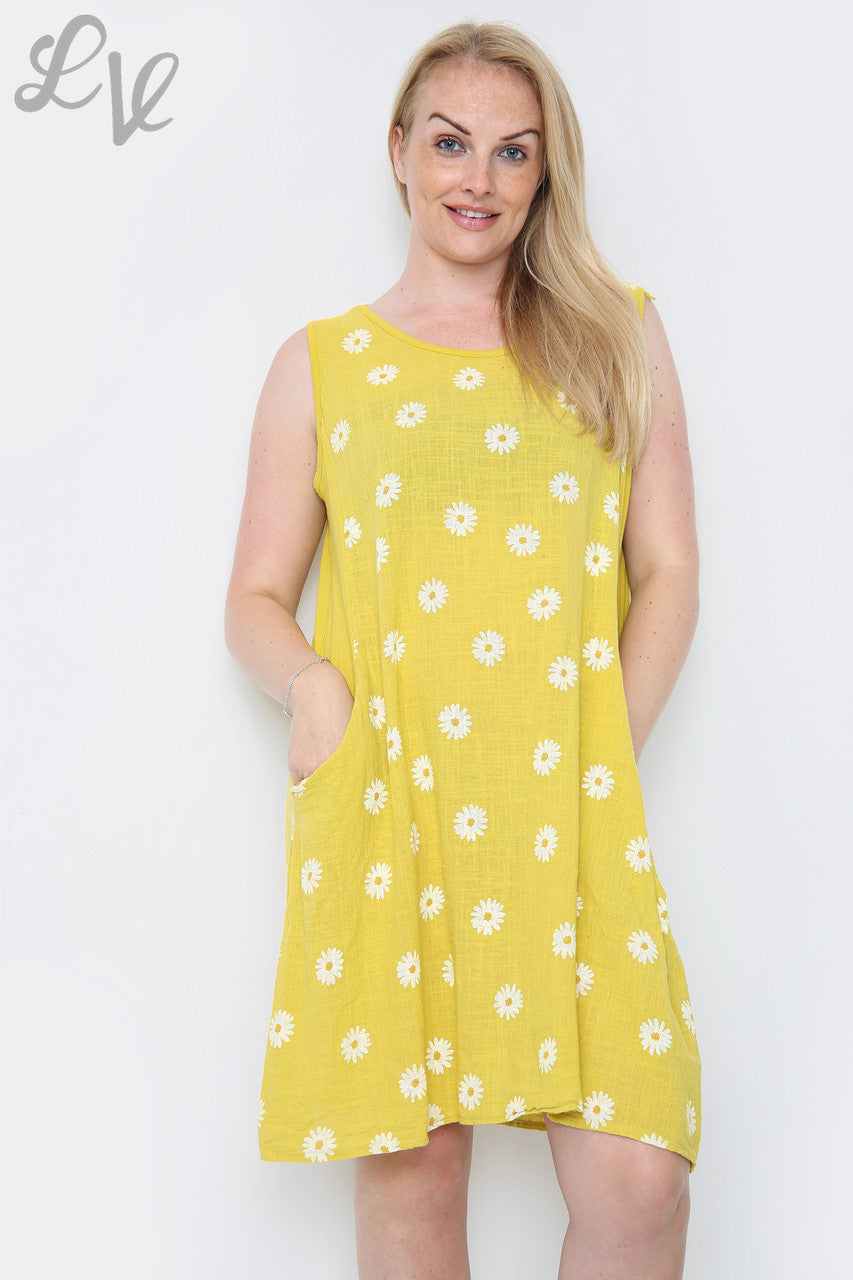 Dames mouwloze jurk met madeliefjesprint mosterd Eenheidsprijs €10,99