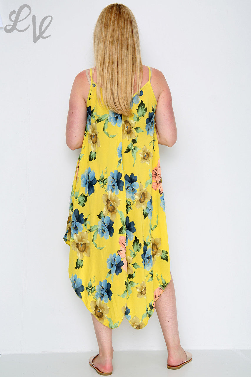 Dames Jurk met Bloemenprint en Dunne Bandjes Mosterd Stukprijs €8,99