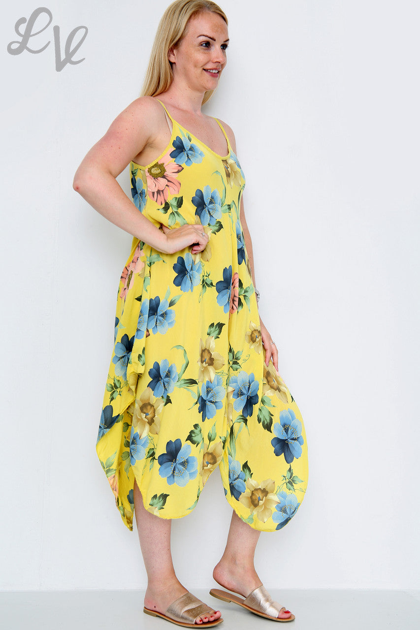 Dames Jurk met Bloemenprint en Dunne Bandjes Mosterd Stukprijs €8,99