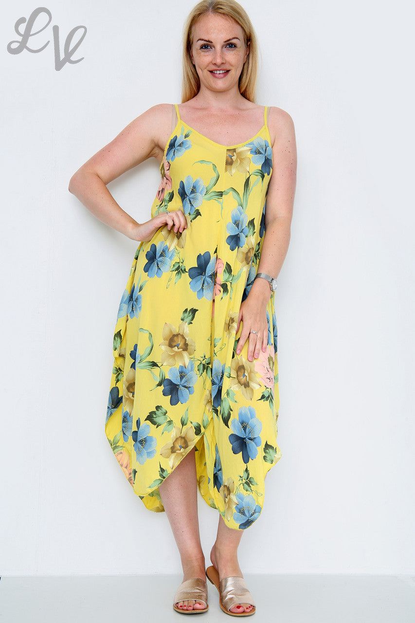 Dames Jurk met Bloemenprint en Dunne Bandjes Mosterd Stukprijs €8,99