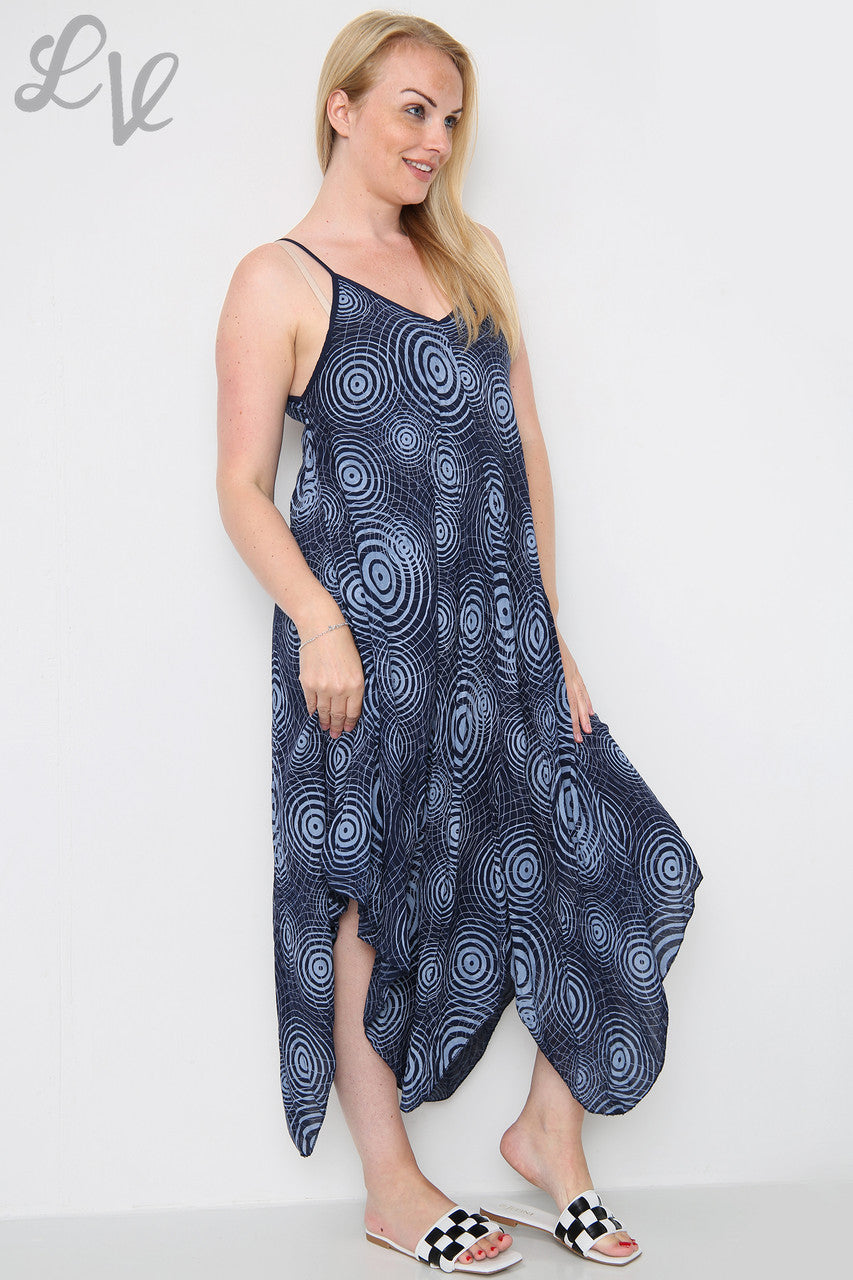 Ladies Geometric Print Strappy Dress Navy
