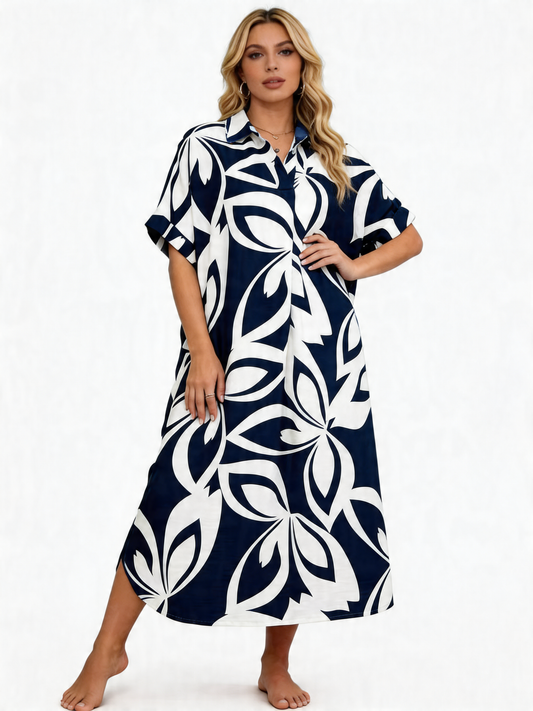 Tropical Print Oversized Shirt Maxi Dress - Navy