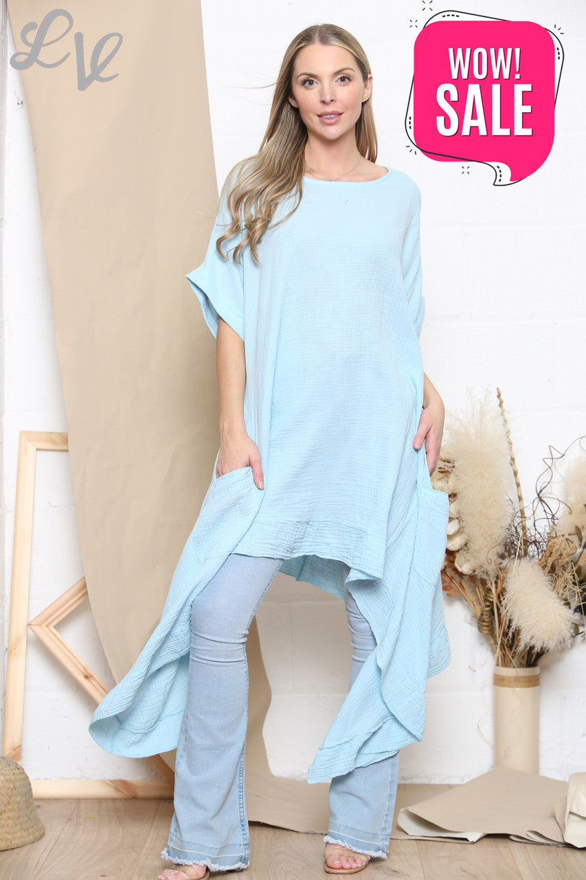 Ladies Floaty Draped Tunic Top Sky Blue