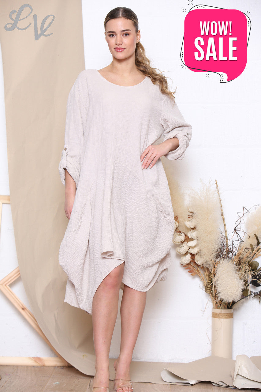 Ladies Relaxed Draped Dress Tunic Top Stone