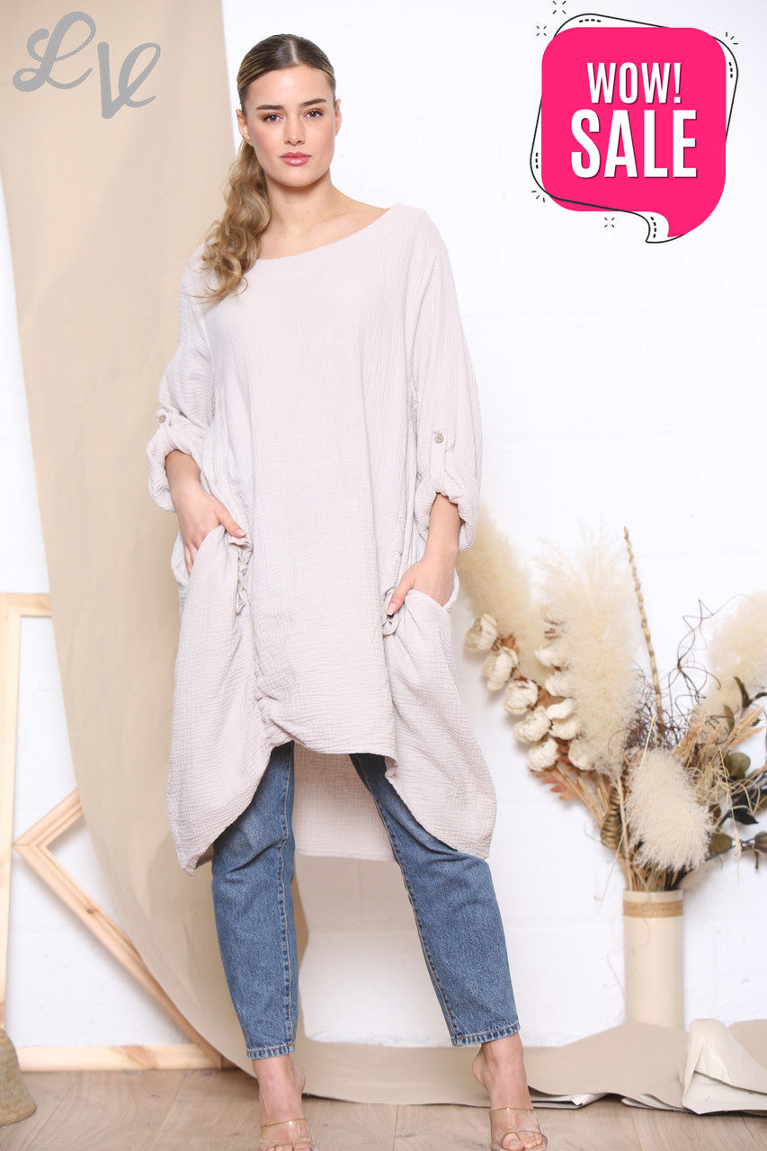 Ladies Drawstring Hem Tunic Top Dress Stone