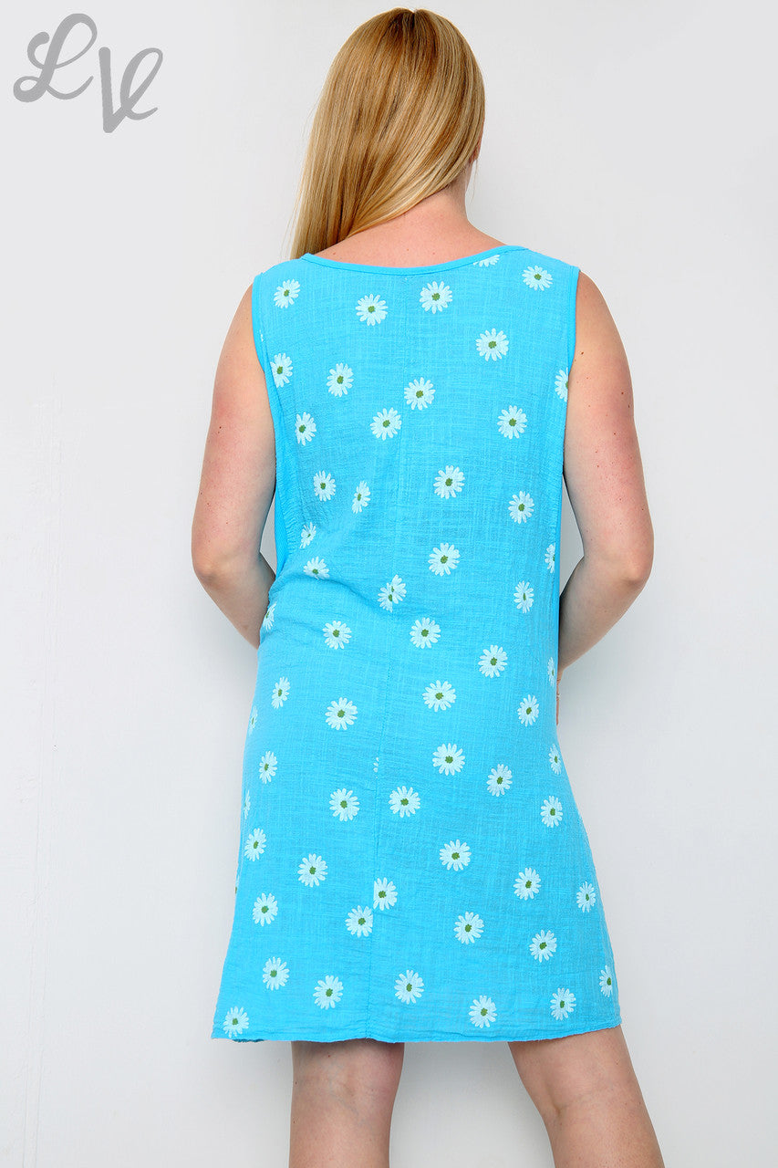 Dames mouwloze jurk met madeliefjesprint turquoise Stukprijs € 10,99