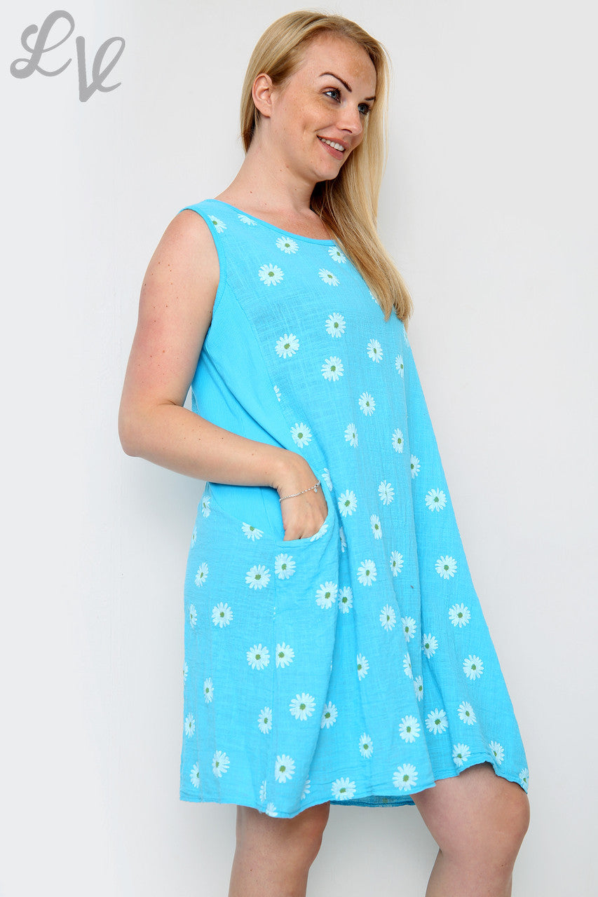 Dames mouwloze jurk met madeliefjesprint turquoise Stukprijs € 10,99