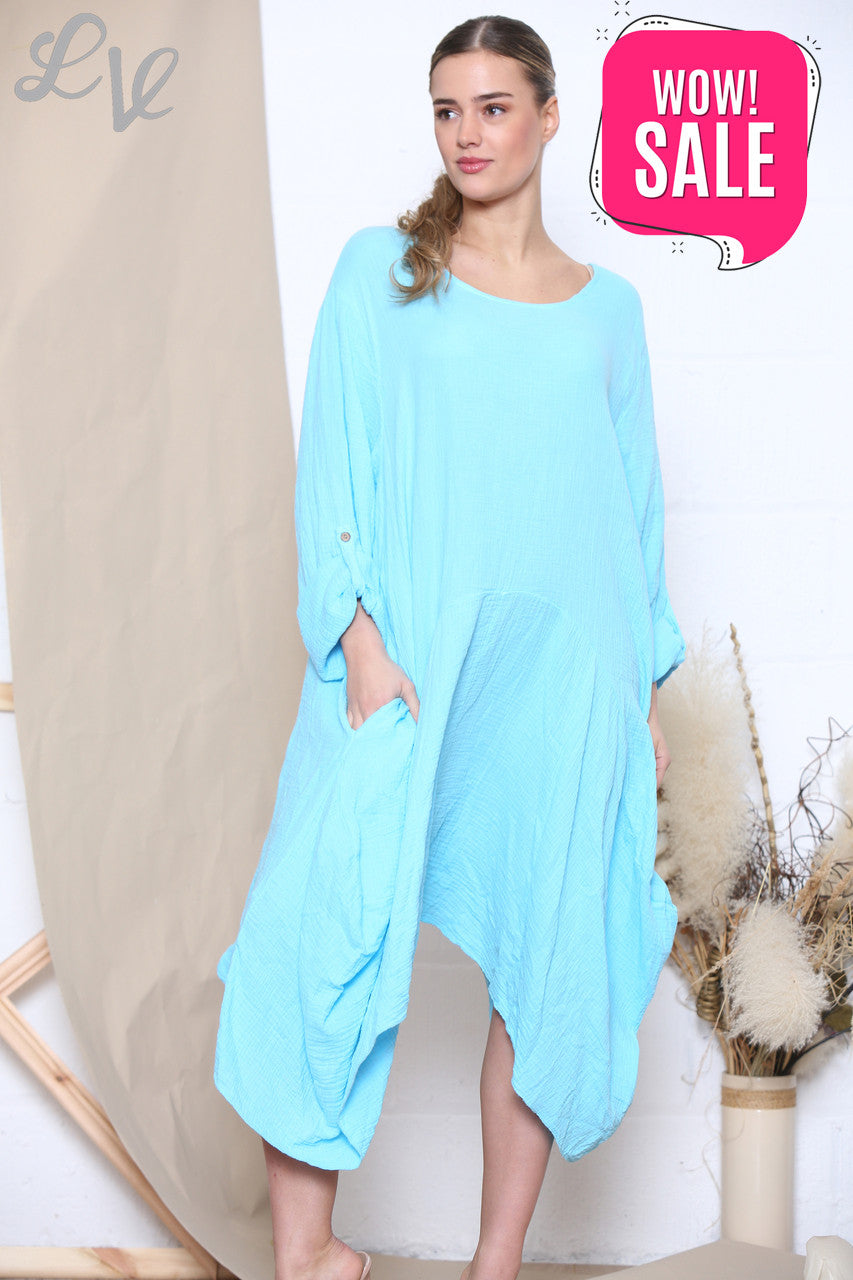 Ladies Relaxed Draped Dress Tunic Top Turquoise