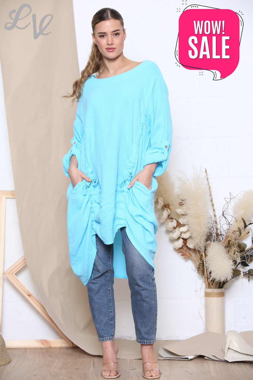Ladies Drawstring Hem Tunic Top Dress Turquoise
