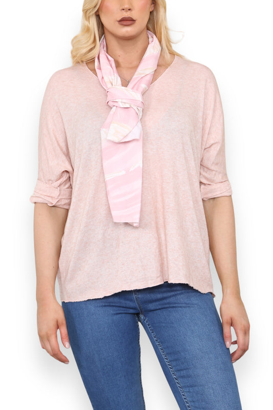 PLAIN FINE KNIT TOP WITH PRINTED SILKY SCARF DUSTY PINK