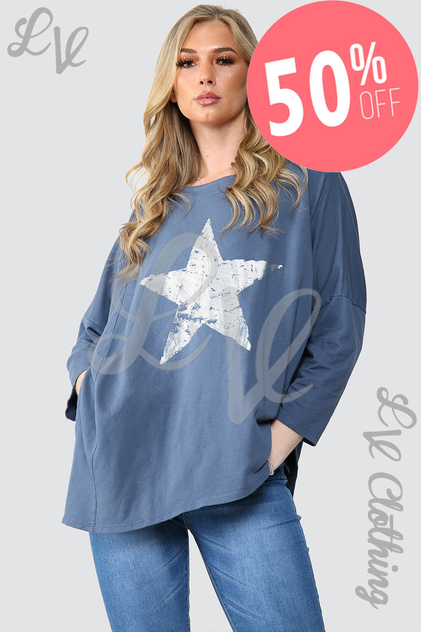 Dames Zilverfolie Ster Oversized Tuniek Top Denim - Stukprijs WAS €11,99 NU €5,99