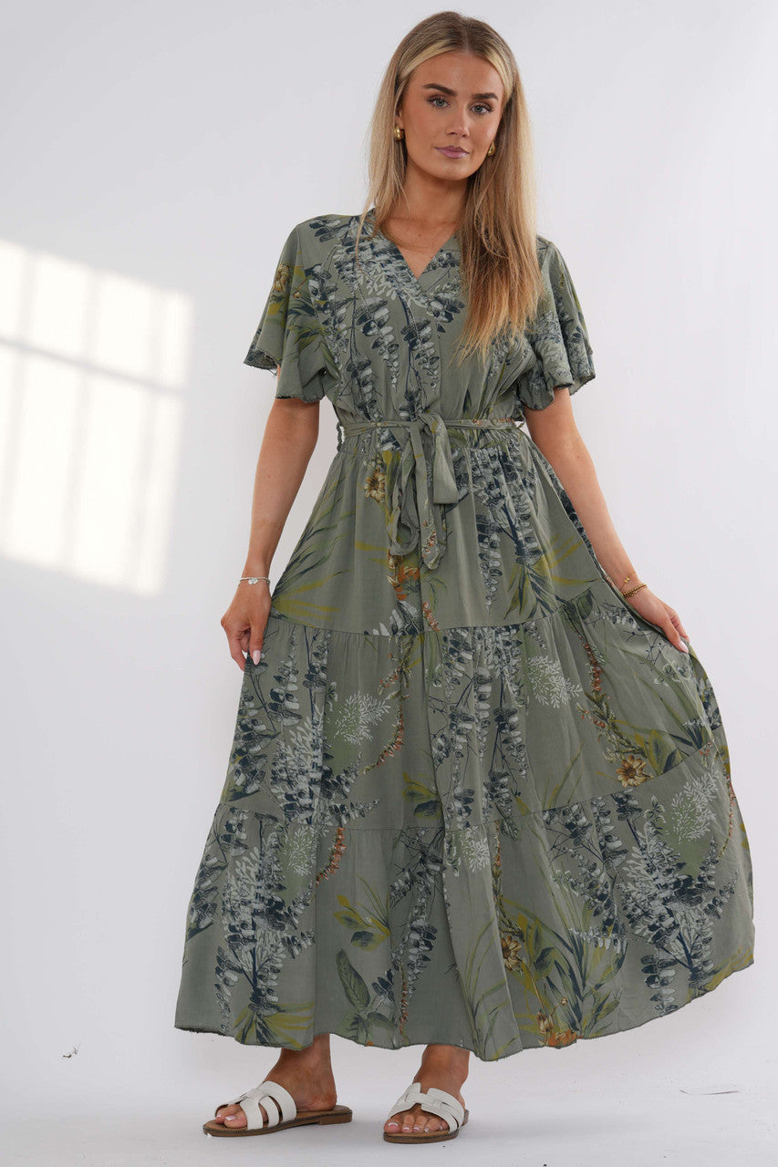 Floral Tiered Maxi Dress – Khaki