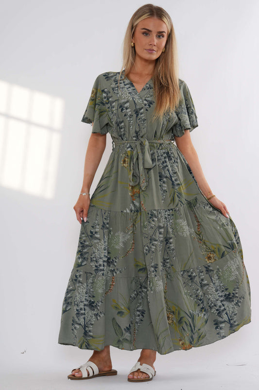 Floral Tiered Maxi Dress – Khaki